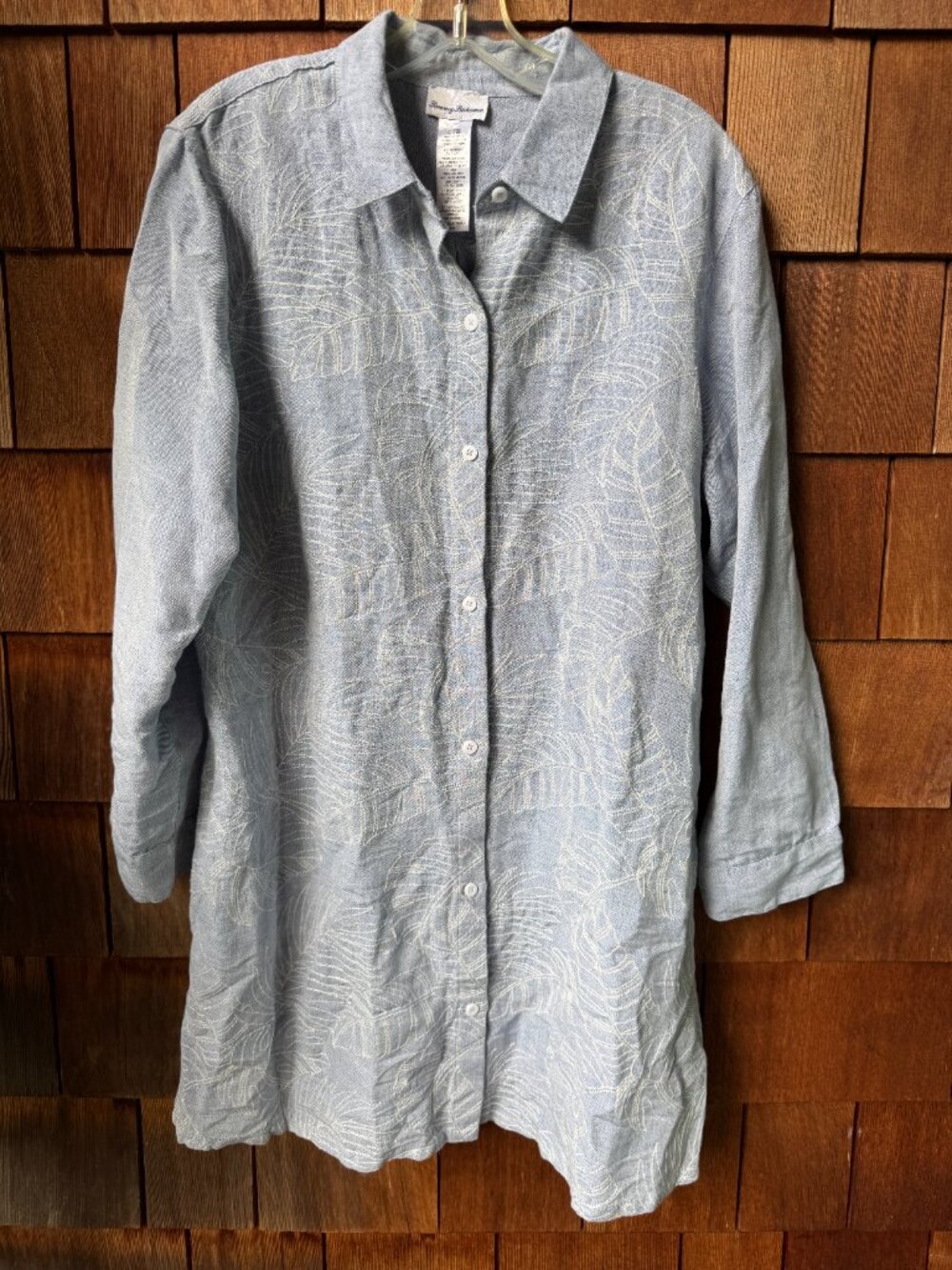 Tommy Bahama Blue Linen Palm Embroidered Button Front Tunic Cover Up in Large
